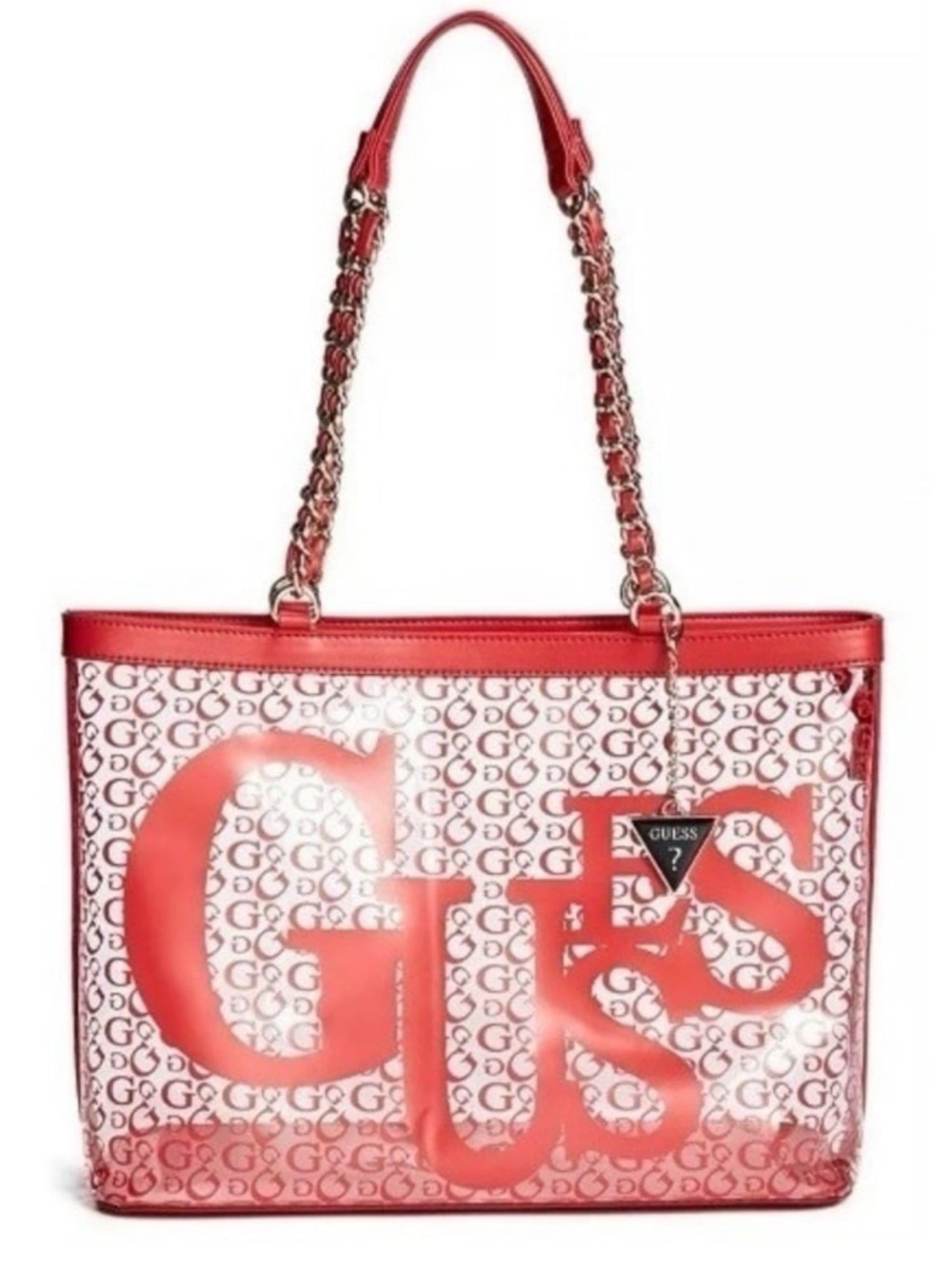 Guess Transparent Vinyl Y2K Red Tote Bag Goldtone Chain handles